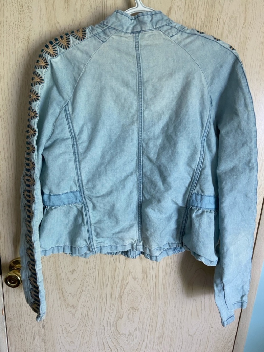 Free People Embroidered Chambray Jacket Womens Large Blue Linen Cotton Blend S - Picture 10 of 14